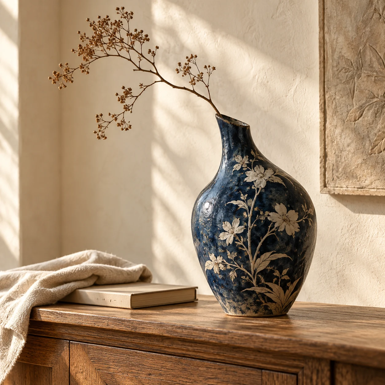 Bình gốm lam trong góc nhà với gỗ ấm và linen